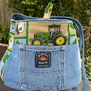 Hand Crafted Route 66 Denim and John Deere Tractor Print Crossbody Bag
